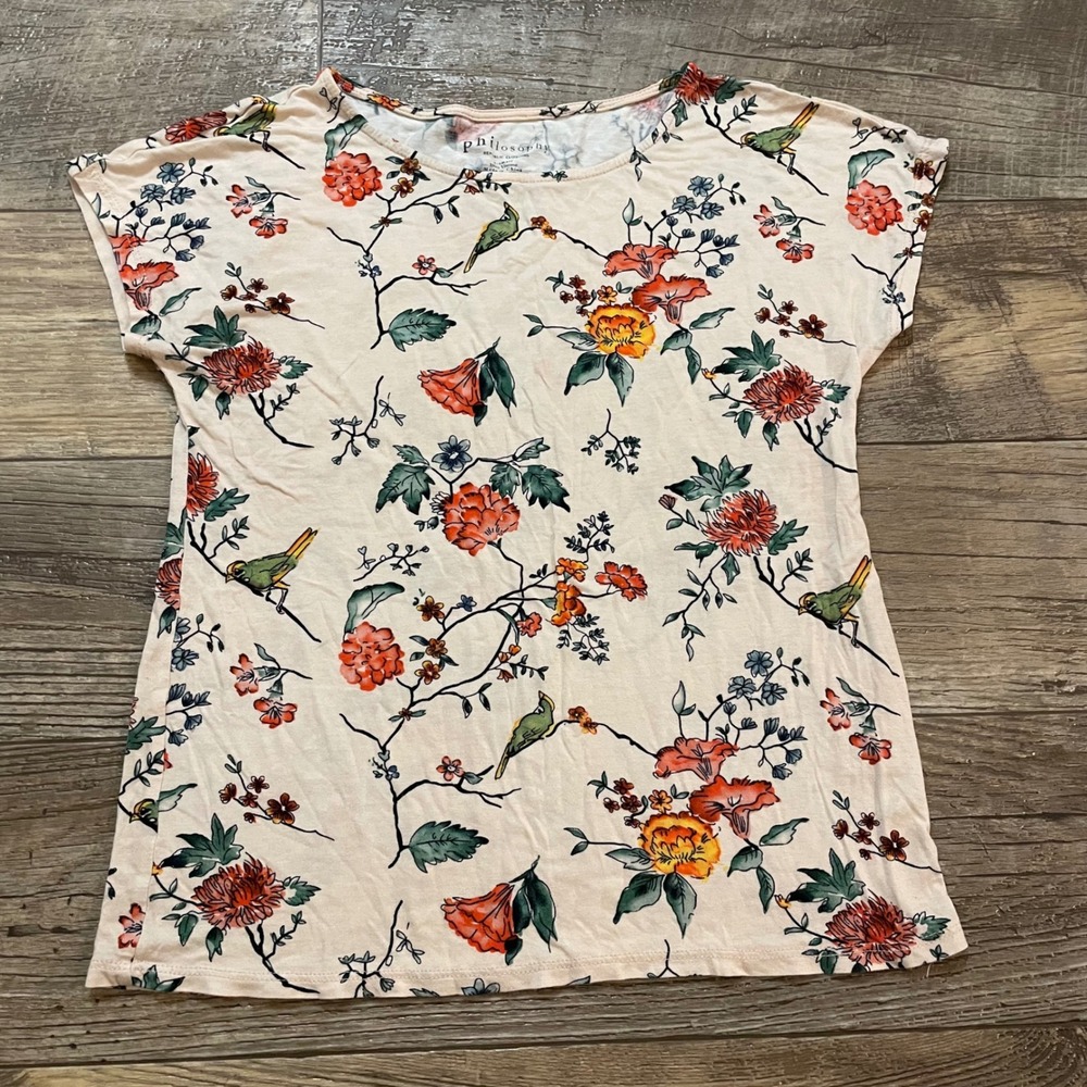 Philosophy Republic Clothing Floral Bird Print Top Cream Peach XS Short Sleeve‎